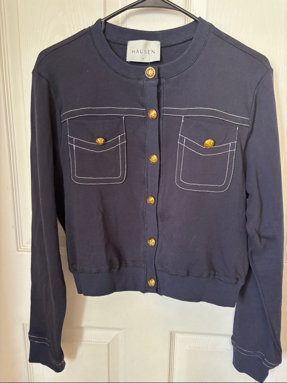 Hausen Navy Crewneck Cardigan with Gold Buttons